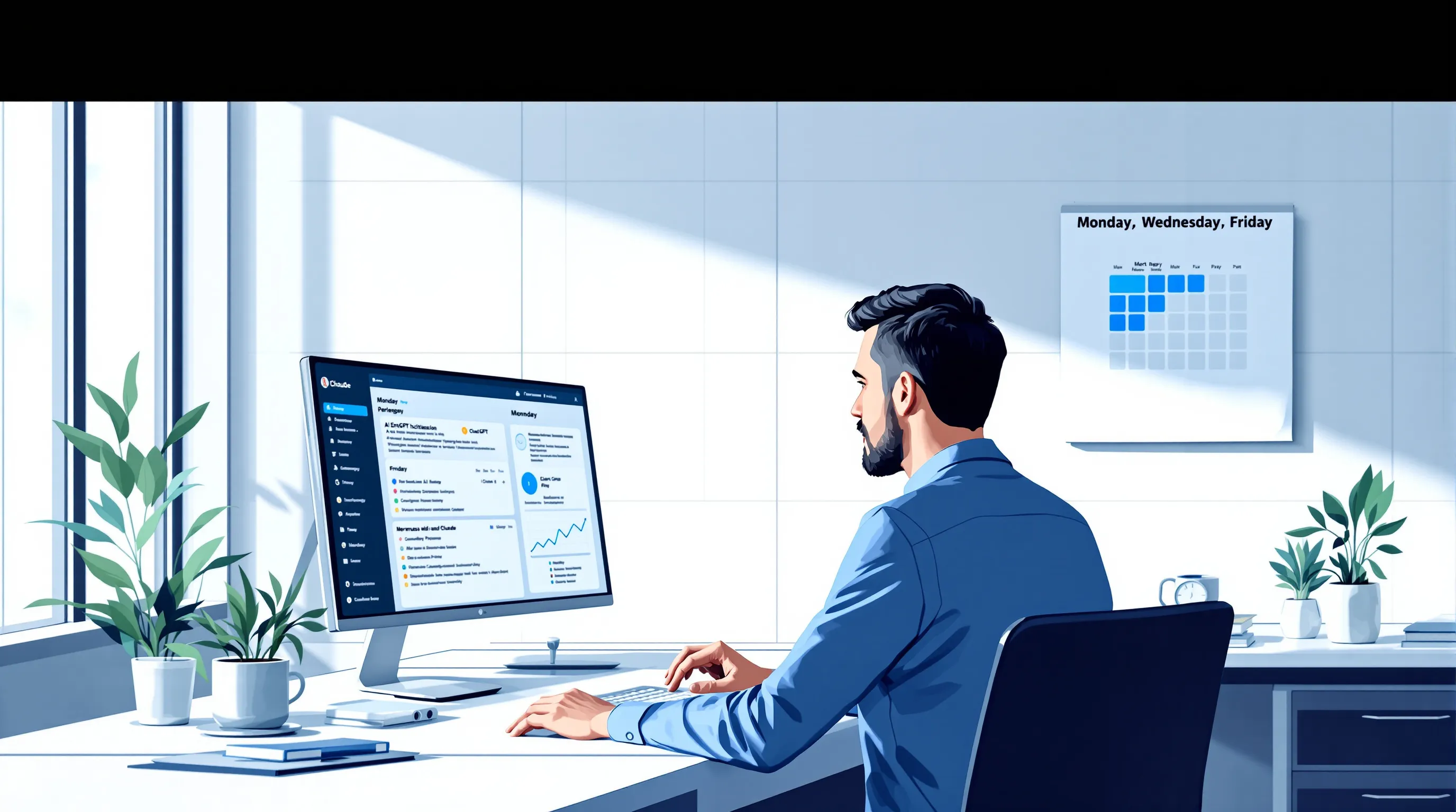 Marketing professional reviewing AEO citation dashboard with weekly cadence calendar