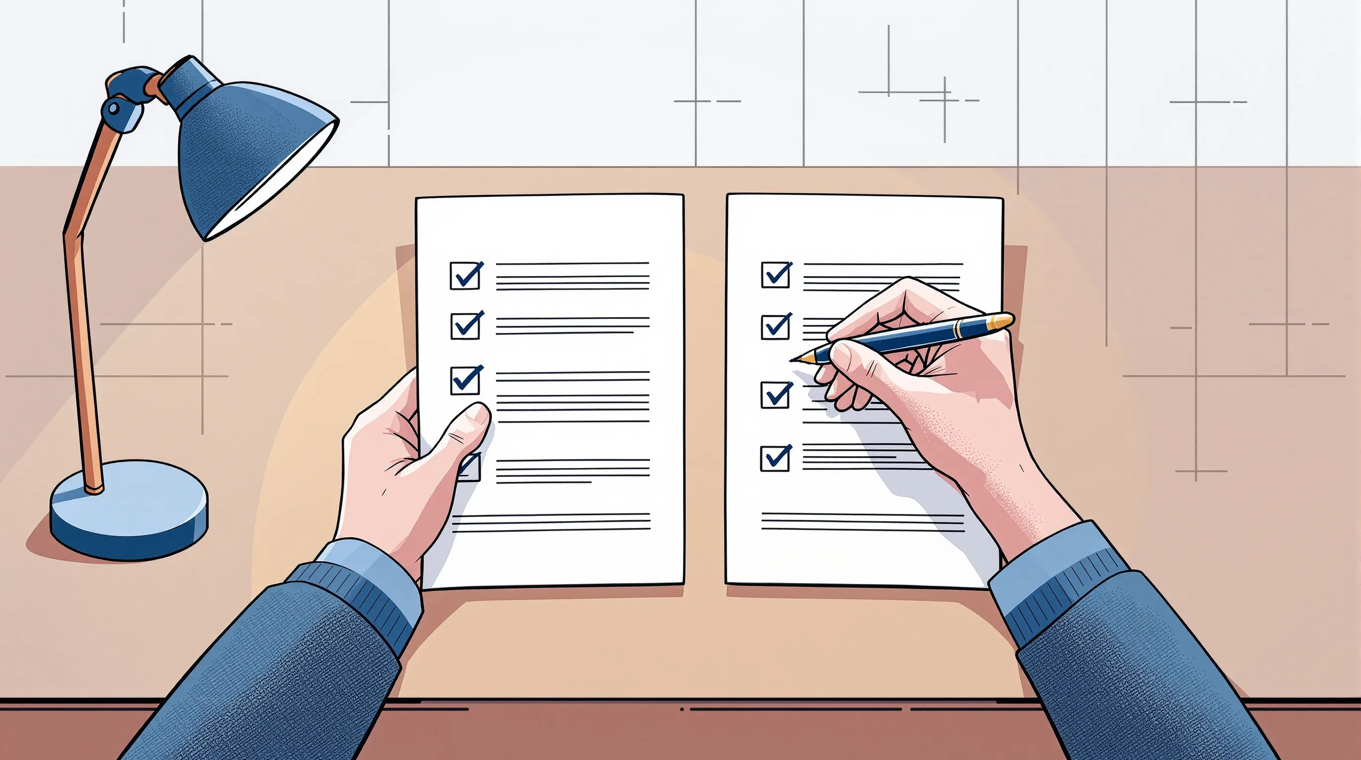 Hands comparing two printed pages line by line with a pen under a desk lamp