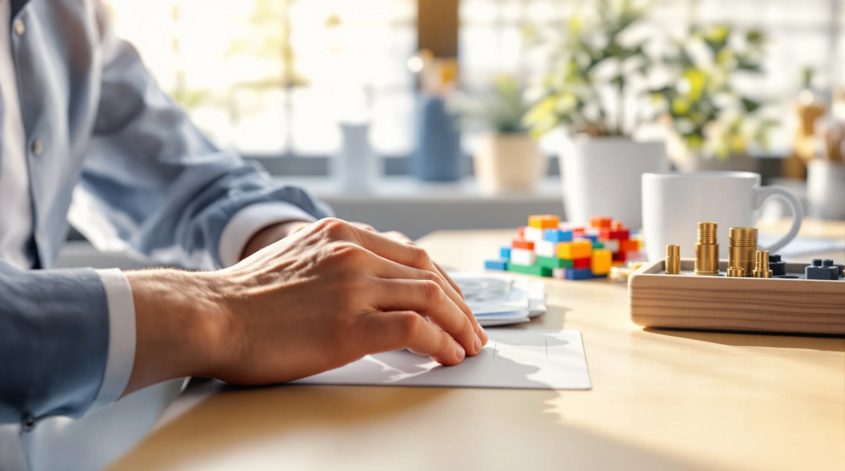 Close-up of a person's hands resting on a wooden desk in a small daytime office, beside a half-assembled row of colorful interlocking plastic building blocks and a small tray of brass plug-in connectors and toggle