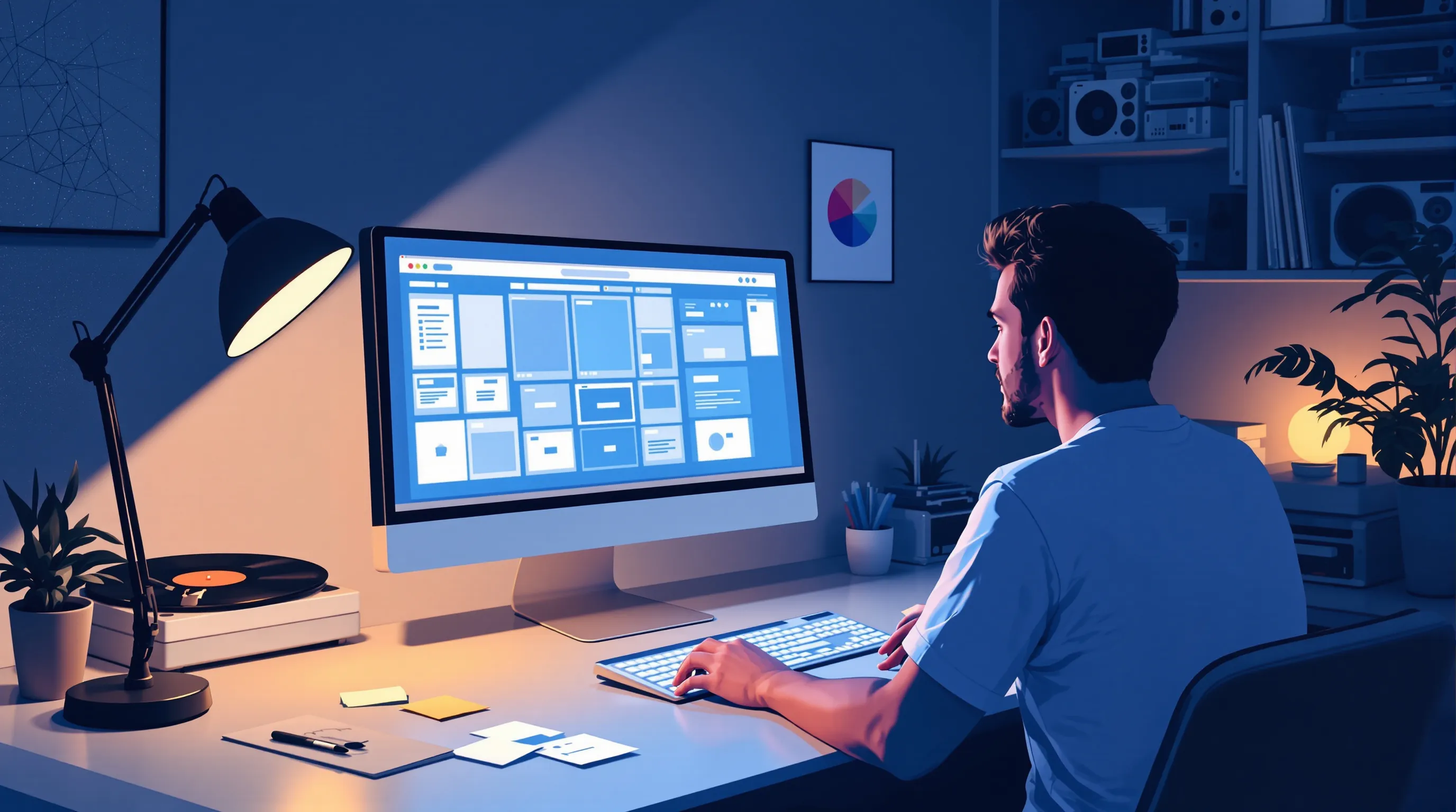 A web designer works alone at night on a visual website builder while a stack of pending edit requests waits beside the keyboard