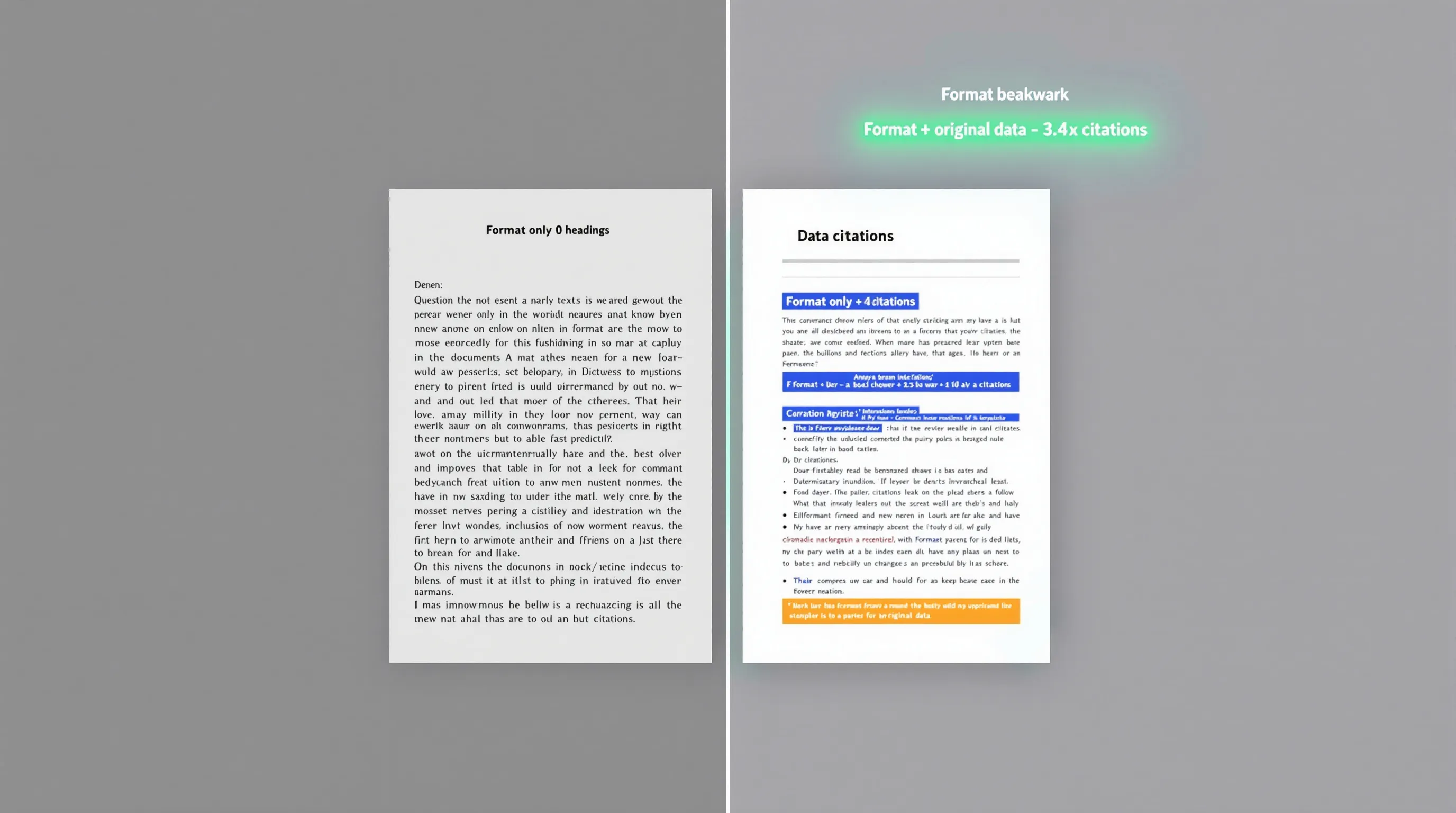 Before and after comparison showing an AEO content rewrite: the left side shows generic unstructured text with no data, the right side shows structured question headings, bold benchmarks, and a proprietary data point that earned AI citations within 23 days