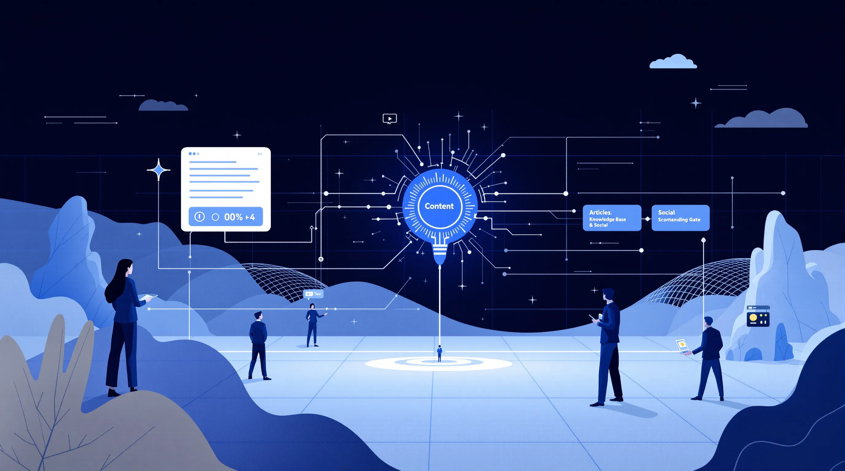 One evidence ledger feeding articles, knowledge base, and social through a unified AEO scoring gate