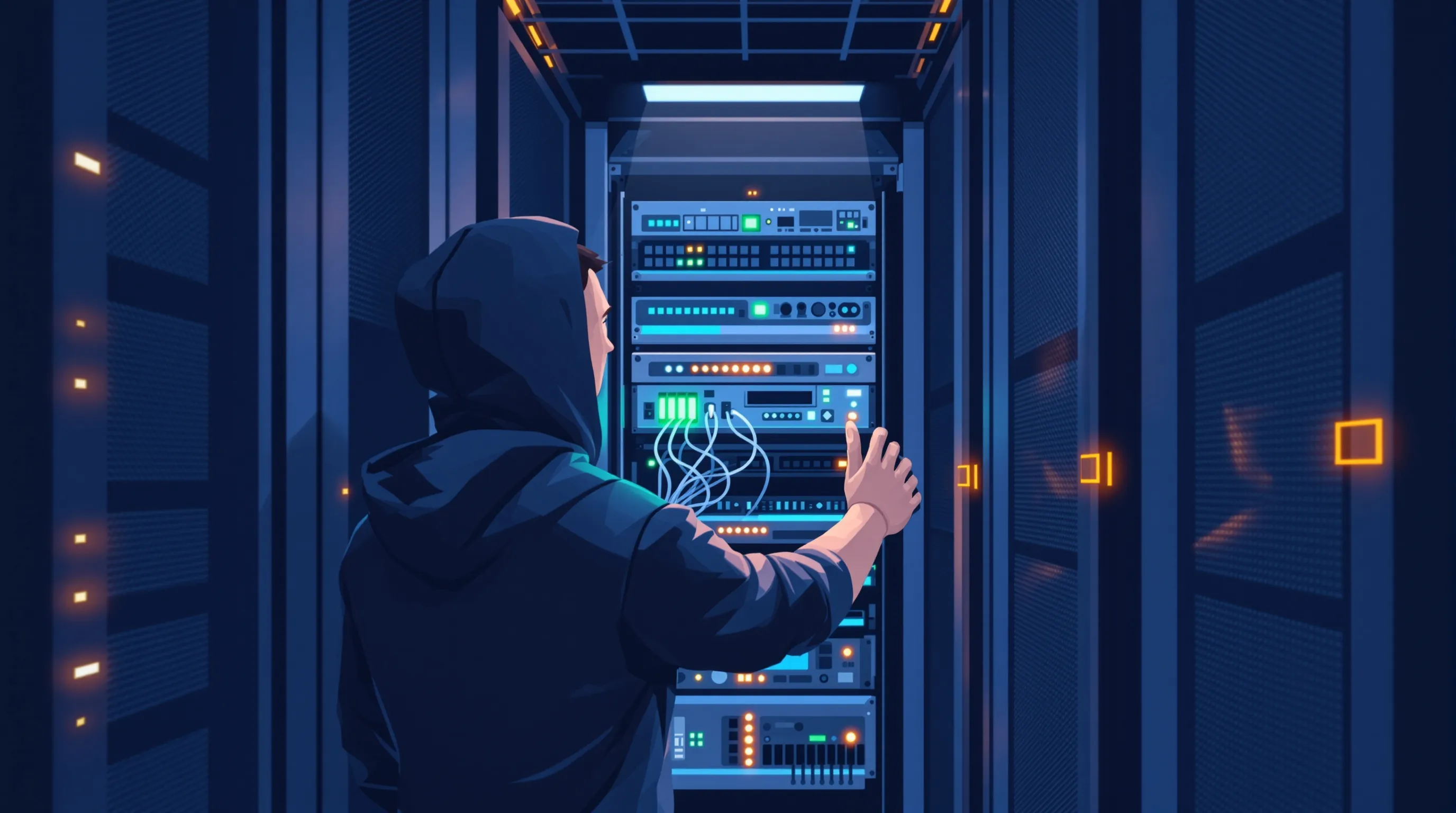 Engineer checking a server rack whose firewall and edge settings decide which AI crawlers reach a site
