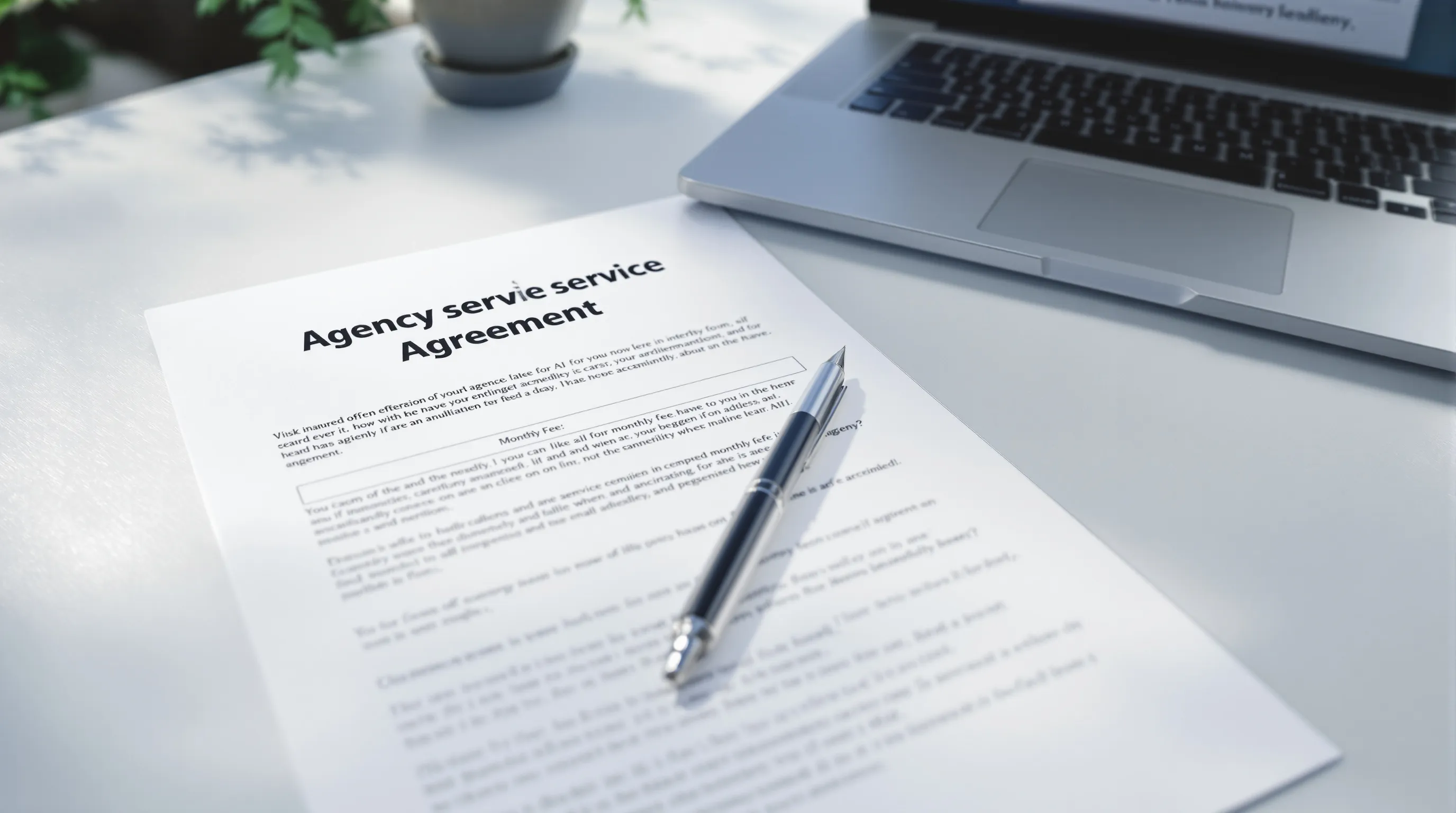 An agency service agreement on a desk next to a laptop showing an AI chat answer