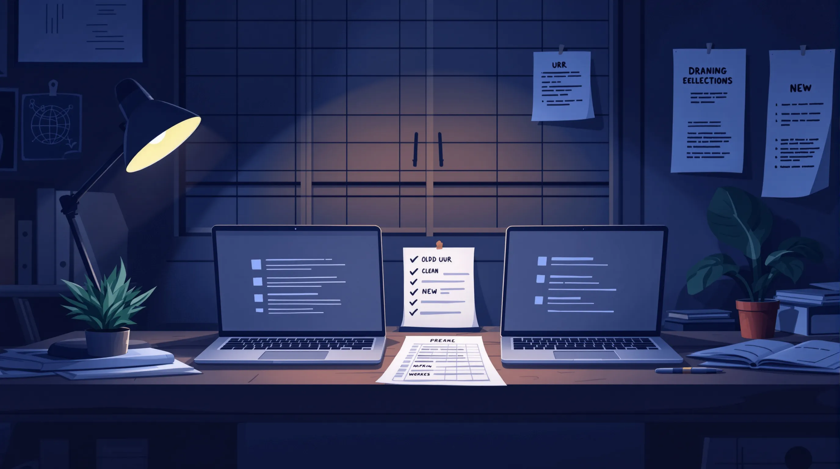 Two laptops on a desk showing an old and a new version of the same website, with a printed URL checklist between them