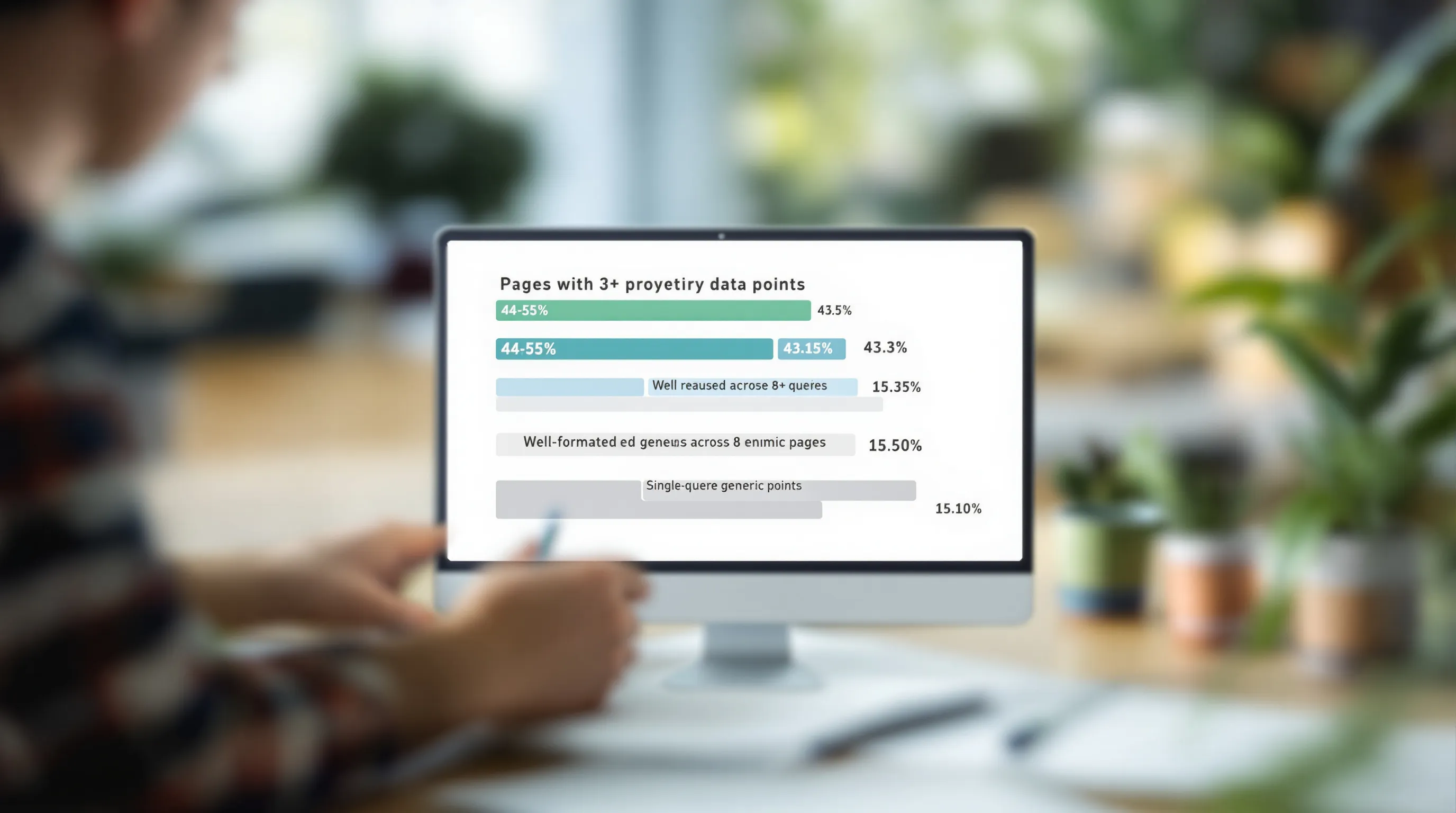 Bar chart comparing AI citation rates: pages with 3+ proprietary data points at 43-55% versus generic well-formatted pages at 10-15%