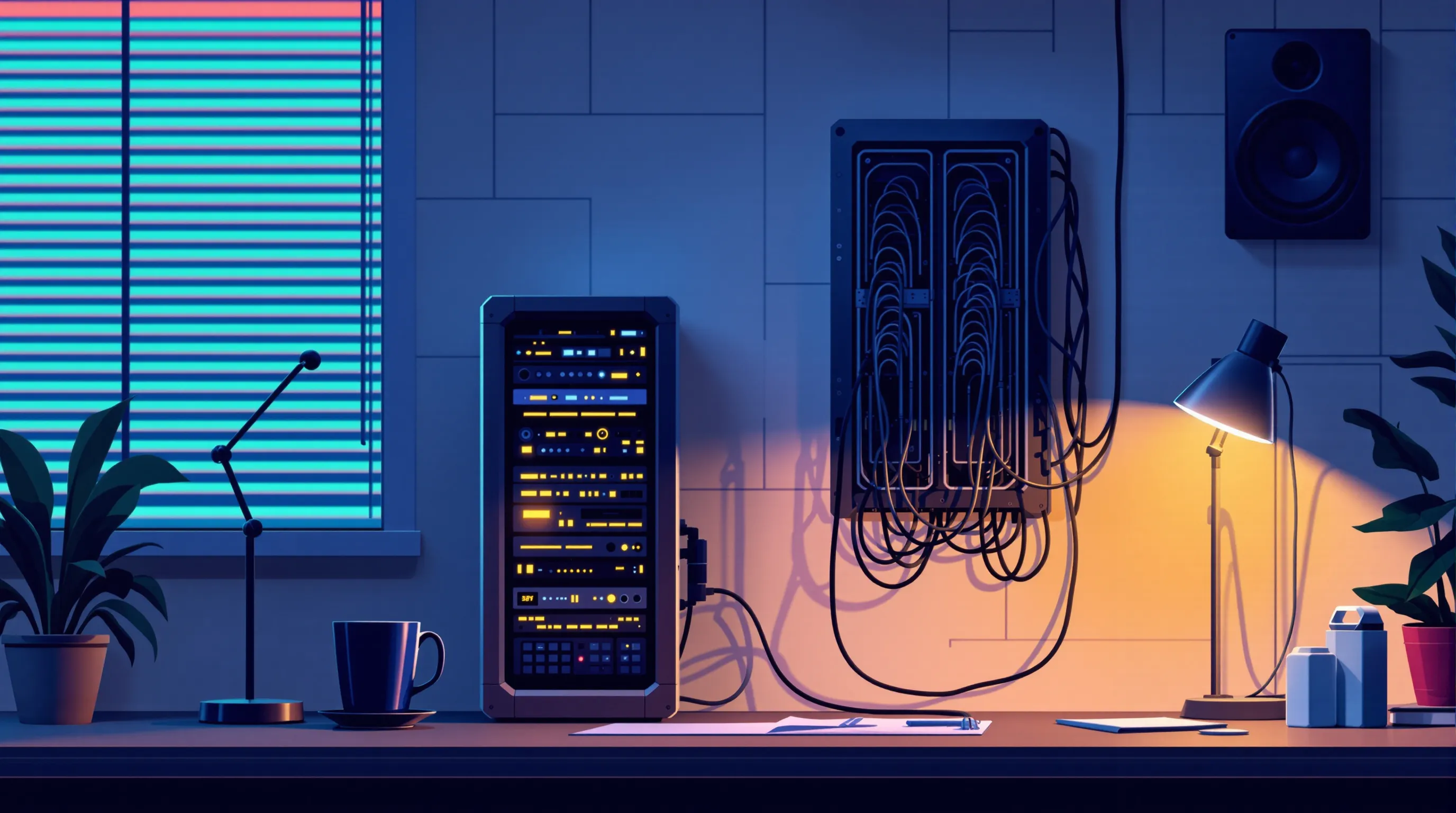 A late-night office desk lit by a single warm lamp, a heavy tower of server hardware with softly glowing status lights humming beside a tall wall-mounted rack of tangled cables, a coffee cup and a wired speaker on the