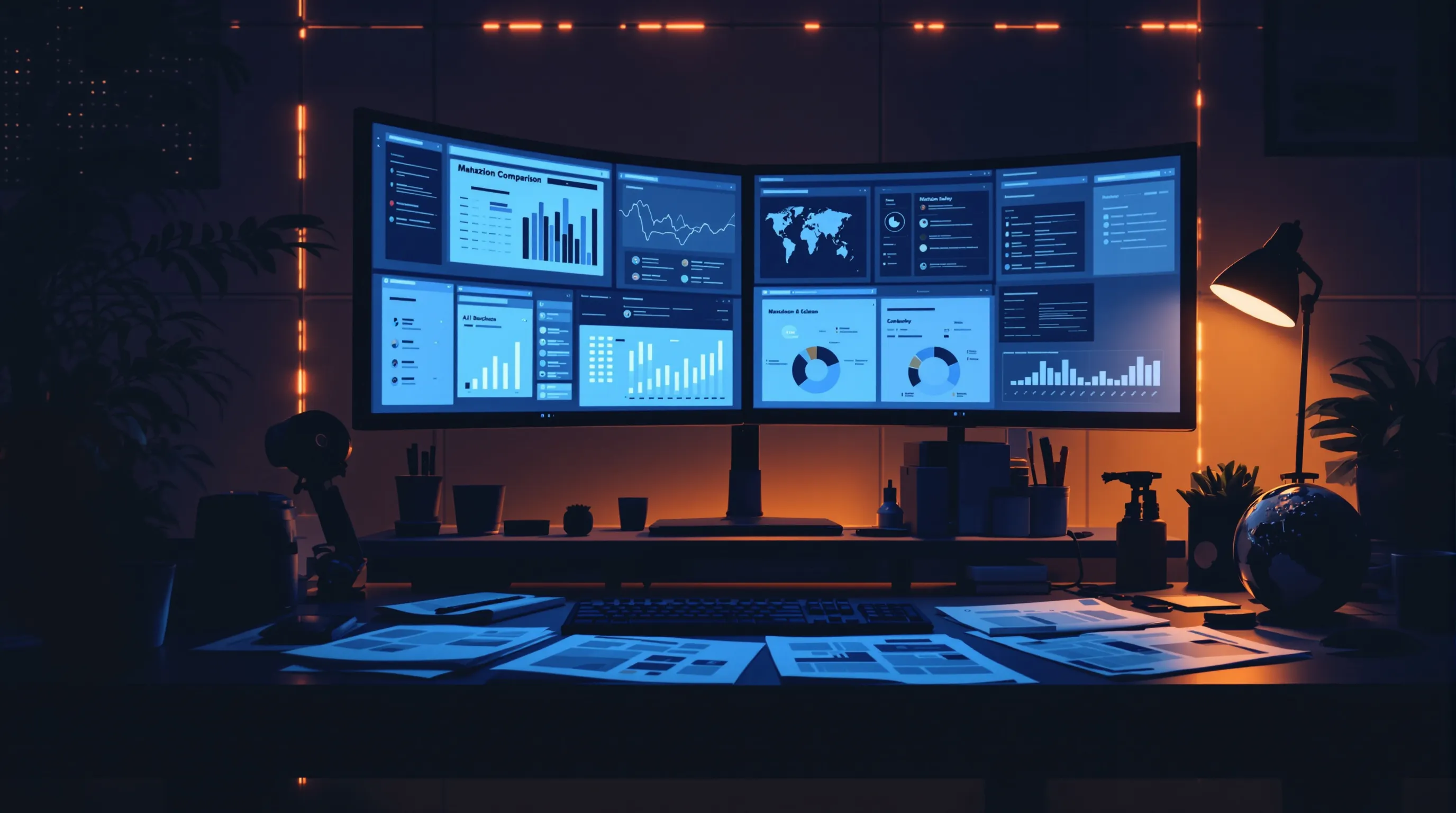 AI citation share analysis workspace with multiple monitors showing vendor ranking data and citation tracking dashboards