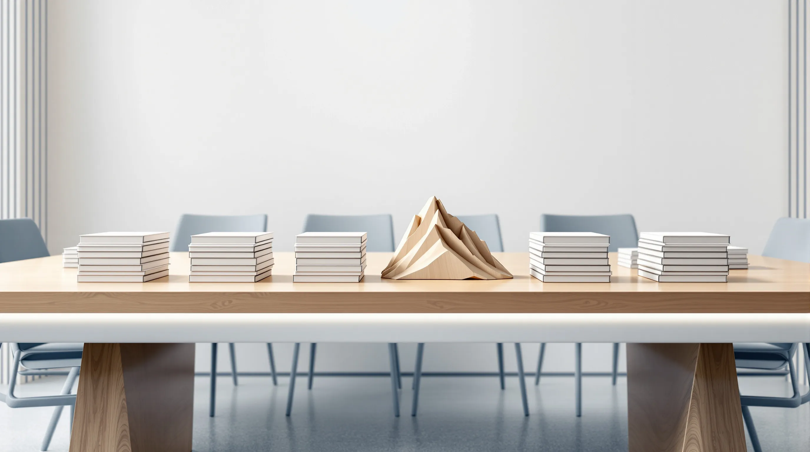 Twelve identical stacks of neatly bundled work materials sit in an even grid on a long conference table, each one the same height and size, while beside them a single wooden sculpture of a jagged hill with uneven peaks