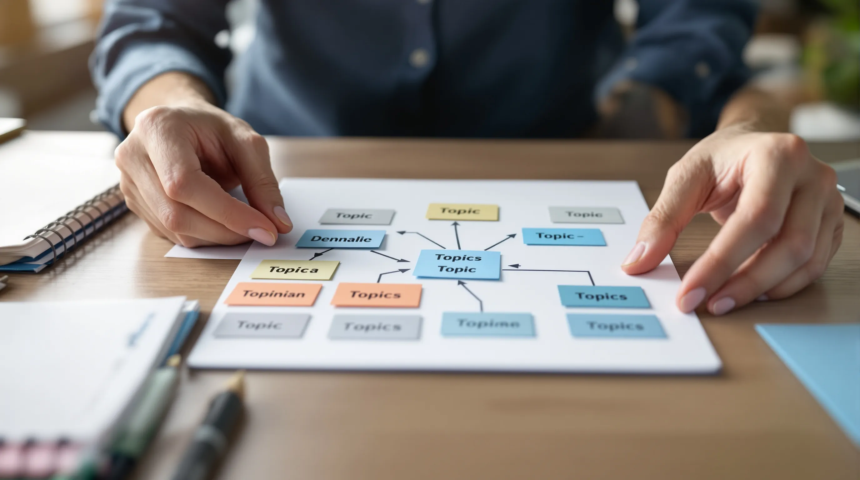 Content strategist organizing topical cluster cards on a whiteboard showing pillar page and supporting article relationships